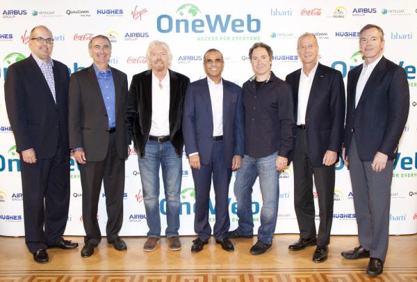 OneWeb’s first round investors include some big name ICT and tech players. Shown here at the company’s launch in 2015 are (from left to right):  Dean Manson, EVP, general counsel and secretary, Echostar (Hughes Network Systems); Stephen Spengler, CEO, Intelsat; Richard Branson, founder, Virgin Group; Sunil Bharti Mittal, founder and chairman, Bharti Enterprises; Greg Wyler, founder, OneWeb; Tom Enders, chief executive, Airbus; Dr. Paul E. Jacobs, former executive chairman, Qualcomm.